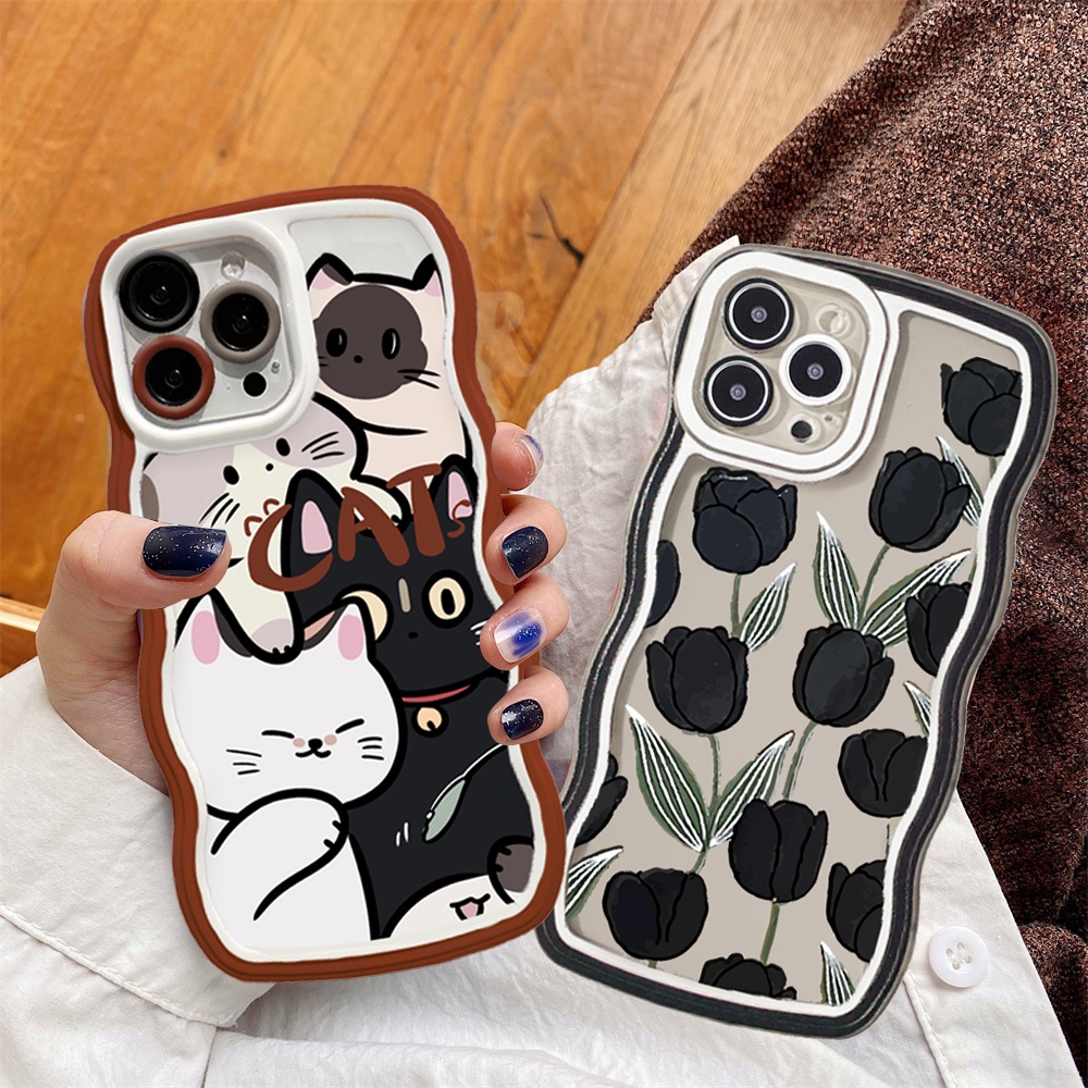 Casing OPPO A37 A37f A37fw A37m A39 A59 A79 A71 F1S F9 Pro F11 Pro F7 Christmas Cute Cartoon Cat Phone Case Cover Wave Edge Black Tulips Green Leaves Soft Case