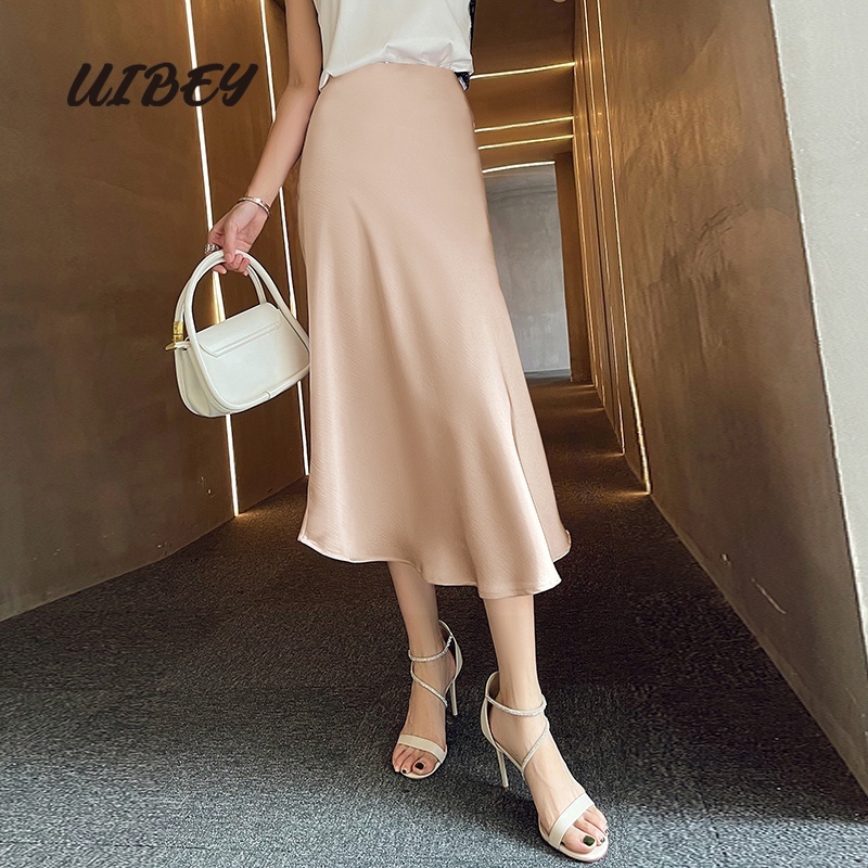 Uibey กระโปรงผ้าซาติน เอวสูง เข้ารูป ยาวปานกลาง เก็บสะโพก 9071