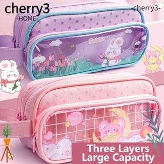 Cherry3 กระเป๋าดินสอ เครื่องสําอาง ทรงสี่เหลี่ยม แต่งซิป ลายการ์ตูน จุของได้เยอะ สีโปร่งใส