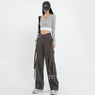 2TOYOUNG  กางเกงขายาว คาร์โก้ กางเกง เชือกอเมริกันคลาสิค Cargo pants 2023 NEW 072435 พิเศษ Korean Style ins ทันสมัย A90M079 36Z230909