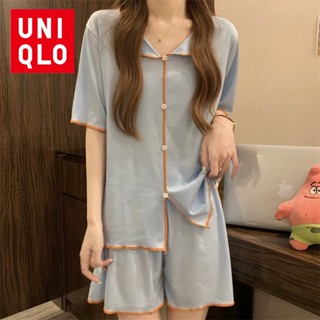 Uniqlo ชุดนอน เสื้อคาร์ดิแกน แขนสั้น ผ้าเรยอน แบบบาง คอปก เรียบง่าย สไตล์เกาหลี สําหรับผู้หญิง