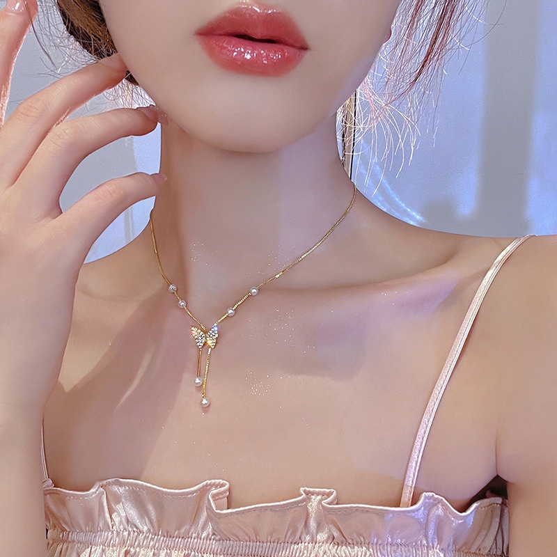 จี้ขอบเพชร แวววาว หวานแหวว / โช้กเกอร์ผีเสื้อ เด็กผู้หญิง แฟชั่น / โซ่ไหปลาร้า พู่มุก / สร้อยคออารมณ์หรูหรา เบา / เครื่องประดับจัดงานแต่งงาน ของขวัญวันเกิด