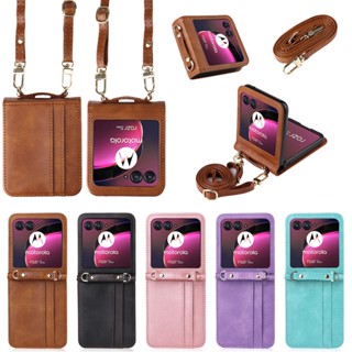 เคสโทรศัพท์มือถือหนัง PU ฝาพับ พร้อมช่องใส่บัตร และสายคล้อง สําหรับ Motorola Razr 40 Ultra Moto Razr+ Plus