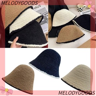 Melodg หมวกบักเก็ต ผ้าถัก แบบนิ่ม แฮนด์เมด ปักลายลูกไม้ สีตัดกัน แฟชั่นฤดูหนาว