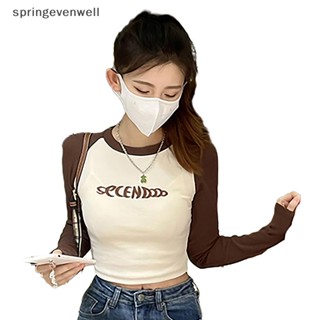 [springevenwell] เสื้อยืดคอกลม แขนยาว ปักลายตัวอักษร สไตล์เรโทร แฟชั่นใหม่ สําหรับผู้หญิง