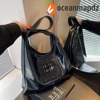 Oceanmapdz กระเป๋าสะพายไหล่ หนัง ทรงโท้ท ขนาดใหญ่ จุของได้เยอะ พิมพ์ลายตัวอักษร สีดํา สไตล์ตะวันตก