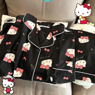 Kawaii Sanrio Hello Kitty ชุดนอน เสื้อยืด แขนสั้น กางเกงขาสั้น ทรงหลวม สองชิ้น สําหรับผู้หญิง [GM]