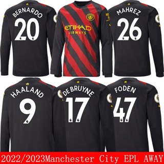 เสื้อกีฬาแขนยาว ลายทีมฟุตบอล Manchester City Away EPL Mahrez DeBruyne Haaland Bernardo Foden 22 23 ชุดเยือน