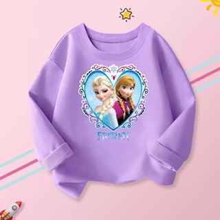 เสื้อยืดแขนยาว ผ้าฝ้าย 100% พิมพ์ลายการ์ตูน Frozen แฟชั่นฤดูใบไม้ร่วง สําหรับเด็กผู้หญิง 2023