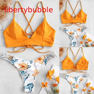 【libertybubbler】ชุดว่ายน้ําบิกินี่ ดันทรง ลายดอกไม้ สองชิ้น สําหรับผู้หญิง