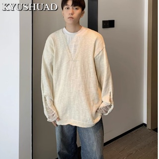 KYUSHUAD เสื้อสเวตเตอร์ถักนิตติ้งแบบขาด ๆ หลวม ๆ ตาข่ายกลวงสีแดง,