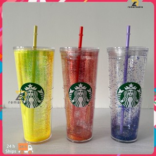 Ready stock Classic Starbucks Tumbler Straw Cup Double Layer Laser Flash Powder Straw Cup Girls&amp;#39; Plastic Cup 710ml/24oz above_th