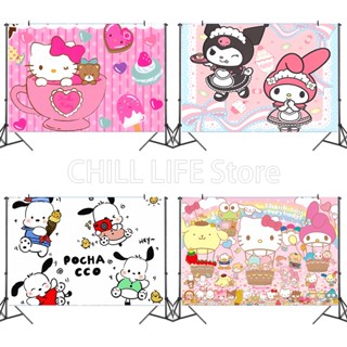 ภาพพื้นหลังไวนิล ลายการ์ตูน Hello Kitty Kuromi Mymelody สําหรับแขวนตกแต่งผนังบ้าน