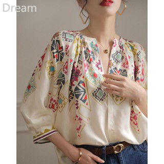 Summer womens new retro style advanced sense positioning printing bohemian style shirt for women