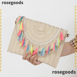 Rosegoods1 กระเป๋าถือ กระเป๋าสะพายไหล่ แบบสาน แต่งพู่ มีซิป จุของได้เยอะ เหมาะกับเดินชายหาด สไตล์โบฮีเมียน สําหรับผู้หญิง