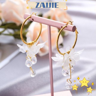 Zaijie24 ต่างหูห่วง ชุบทองคําขาว 18K ประดับคริสตัล ดอกไม้ เครื่องประดับ สําหรับผู้หญิง