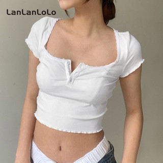 Lanlanlolo เสื้อยืดแขนสั้น คอสี่เหลี่ยม แต่งกระดุมแถว สีพื้น แฟชั่นสําหรับสตรี 2023