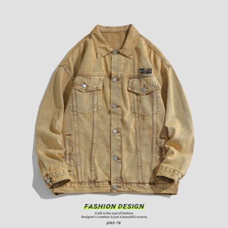 เสื้อแจ็กเก็ตยีนคาร์โก้ ปักลาย สีกากี ทรงหลวม สําหรับผู้ชาย และผู้หญิง