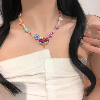 Sweet Girl Cute Colorful Love Beaded Necklace High Sense Design Collar Chain Fashion Small Internet Red Personality Accessories