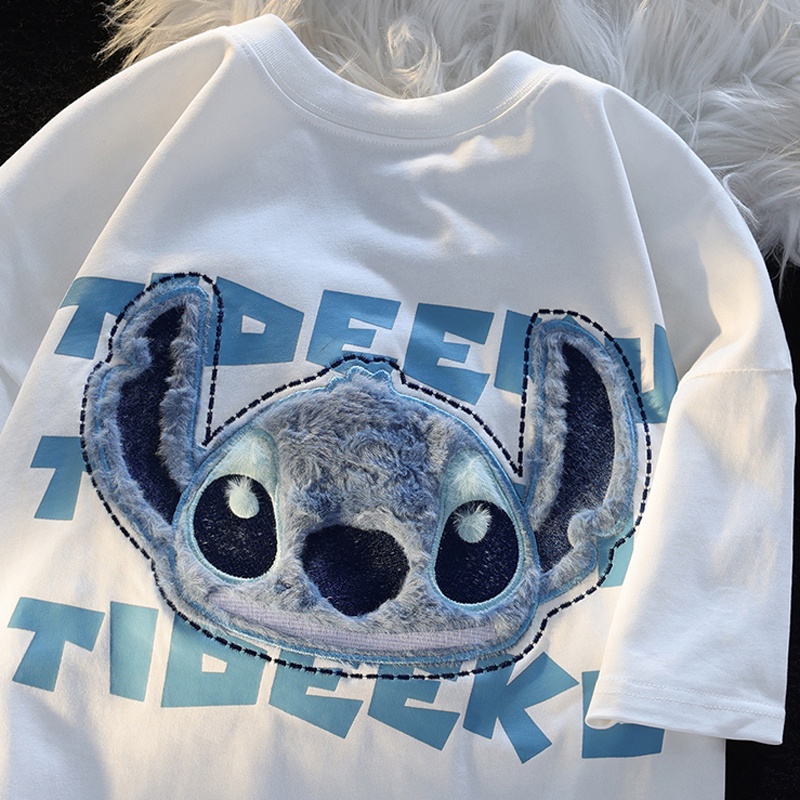 ผ้าฝ้ายแท้100% 200กรัมบูติกแขนสั้นทีเสื้อเกาหลี3งพิมพ์หลวม โอ เวอร์ไซส์ ด้านบนสําหรับผู้หญิง