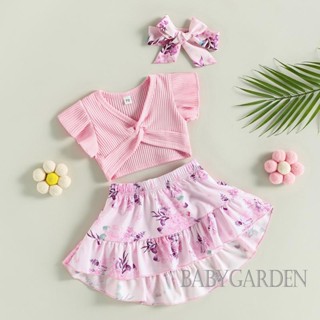 Babygarden-0-3 ปี เสื้อผ้าเด็กผู้หญิง ฤดูร้อน ชุด, เสื้อคอวี แขนบิน + กระโปรงทรงเอ ลายดอกไม้ + ที่คาดผม