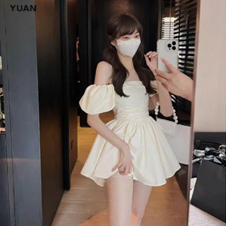 Yuan Summer Kawaii ชุดมินิเดรส แขนสั้น เปิดไหล่ เปิดหลัง ลําลอง สง่างาม สไตล์เกาหลี แฟชั่นฤดูร้อน สําหรับผู้หญิง 2023