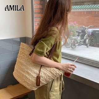 AMILA ฤดูร้อนผู้หญิงฟางกระเป๋าแฟชั่นกระเป๋าสะพายไหล่ความจุขนาดใหญ่