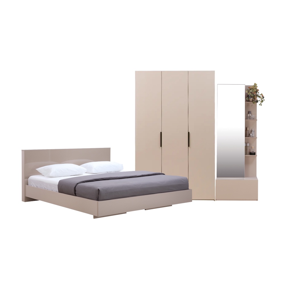 INDEX LIVING MALL ชุดห้องนอน รุ่นแมสซิโม่+แมกซี่ ขนาด 6 ฟุต (เตียงนอน(พื้นเตียงทึบ), ตู้เสื้อผ้า 3 บาน, โต๊ะเครื่องแป้ง) - สีหินทราย