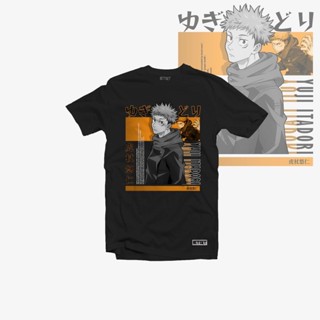 ♕Jujutsu Kaisen Yuji Itadori Anime Cotton T-Shirt Front Print เสื้อยืดขาวดำ