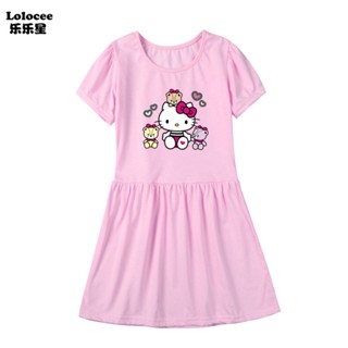 ชุดเดรสแขนสั้น ผ้าฝ้าย ลายการ์ตูน Hello Kitty น่ารัก สําหรับเด็กผู้หญิง เหมาะกับงานวันเกิด