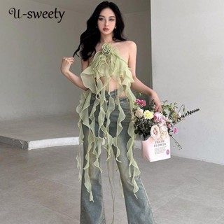 U-sweety เสื้อกล้าม แขนกุด ลายดอกไม้ สีพื้น เข้ากับทุกการแต่งกาย แฟชั่นสําหรับผู้หญิง 2023