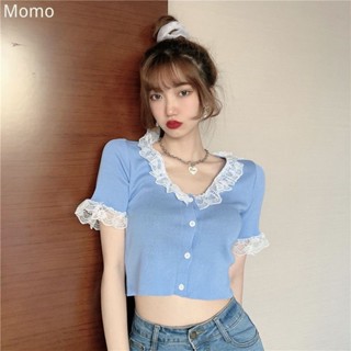 momo~แขนสั้นถักนุ่ม เสื้อสเวตเตอร์ถักลูกไม้ด้านนอก เผยให้เห็นผอมบางคอวีด้านบน MQ085