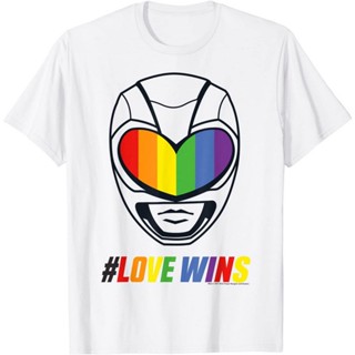 sadasเสื้อเชิ้ตแขนสั้น เสื้อยืดแขนสั้น ราคาส่ง Adult Power Rangers T-Shirt Rainbow Helmet and Text Love Wins T-Shirt