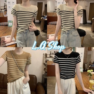 L.A Shop พร้อมส่ง เสื้อครอปไหมพรมแขนสั้น ลายทางยืดตามตัว "6Y032" -C