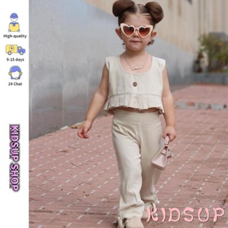 Kidsup1- ชุดเสื้อแขนกุด คอกลม แต่งระบาย สีพื้น และกางเกง แฟชั่นฤดูร้อน สําหรับเด็กผู้หญิง 2 ชิ้น