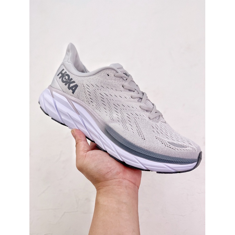 Hoka ONE ONE Clifton 8 Running Women Men Shoes สีเทา สีขาว