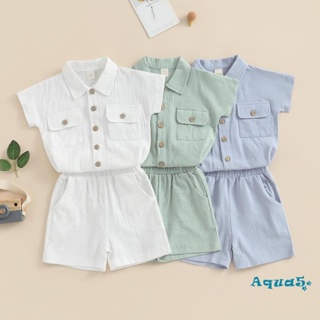 Aqq- ชุดเสื้อเชิ้ตแขนสั้น คอปก และกางเกงขาสั้น เอวยางยืด สีพื้น แฟชั่นฤดูร้อน สําหรับเด็กผู้ชาย 2 ชิ้น