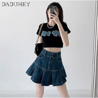 DaDuHey🎈 New Korean Style Ins Blue Denim Skirt High Waist Niche Pleated Skirt A- line Skirt Bag Hip Skirt