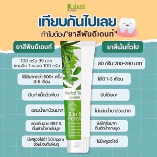 [ส่งฟรี | 1แถม1‼️]ยาสีฟันดีเดนท์ D.dent ยาสีฟันสมุนไพร มีฟลูออไรด์ 1500 ppm. ปากหอม ยาสีฟันเปปเปอร์มิ้นต์ ยาสีฟันดีเด้น