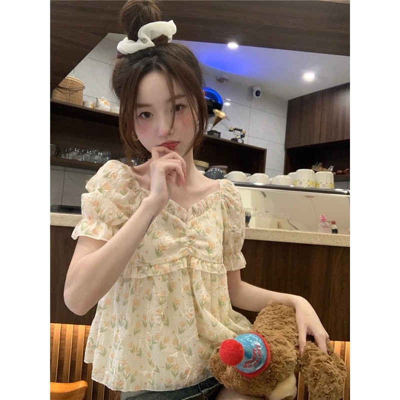 หวานหลวมเสื้อเชิ้ตแขนสั้นลายดอกเวอร์ชั่นเกาหลีน่ารักเสื้อสั้น thumbnail 10