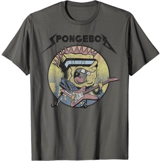 อ่อนนุ่ม 6 เสื้อยืดแขนสั้น ผ้าฝ้าย 100% พิมพ์ลาย SpongeBob SquarePants Heavy Metal Rock พรีเมี่ยม แบบหนา สําหรับผู้ชาย แ