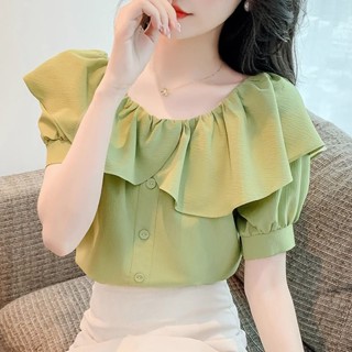 French Sweet Open Shoulder Ruffled Chiffon Shirt Womens 2023 Summer New Loose All-match Shoulder Clothes