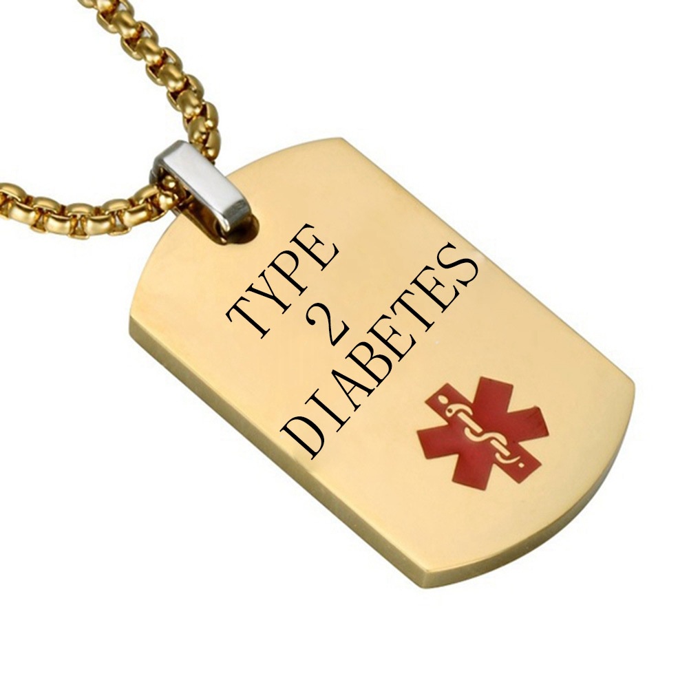 ประเภท 2 DIABETES Gold Dog Tag จี้ Medical Alert ID สร้อยคอสําหรับชาย ICE SOS ปรับแต่งสร้อยคอเครื่อง
