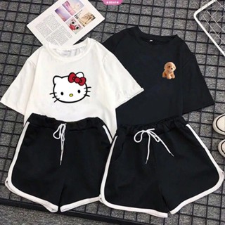 ใหม่ล่าสุด Sanrio Kawaii ชุดนอน เสื้อแขนสั้น กางเกงขาสั้น พิมพ์ลายการ์ตูนเฮลโลคิตตี้น่ารัก แฟชั่นฤดูร้อน สําหรับเด็กผู้หญิง Y2K 2023