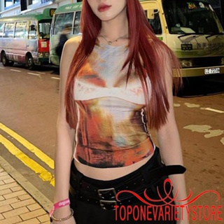 Topone- เสื้อกล้าม แขนกุด คอกลม โชว์สะดือ พิมพ์ลาย แนวสตรีท แฟชั่นฤดูร้อน สําหรับผู้หญิง