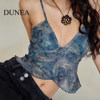 Dunea เสื้อครอปท็อป คอวี ผ้าตาข่าย พิมพ์ลาย แฟชั่นฤดูร้อน สําหรับผู้หญิง