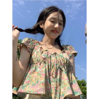เสื้อยืดแขนพัฟ คอสี่เหลี่ยม ลายดอกไม้ สไตล์ญี่ปุ่น สําหรับผู้หญิง