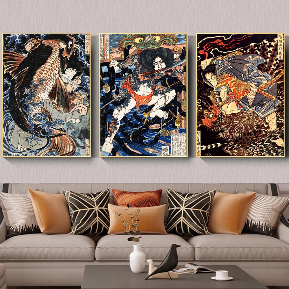 Retro โปสเตอร์ Ukiyo-e ญี่ปุ่น Samurai Monster Art ความงามโปสเตอร์ห้องนั่งเล่นภาพจิตรกรรมฝาผนังตกแต่งบ้านภาพวาดสีน้ํามัน