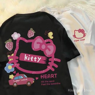 เสื้อยืดแขนสั้น ผ้าฝ้ายแท้ แบบบาง ทรงหลวม พิมพ์ลาย Hello Kitty Cat แฟชั่นฤดูร้อน สําหรับเด็กผู้หญิง