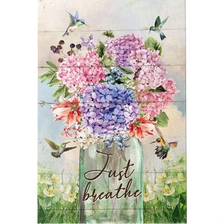 โปสเตอร์ผ้าใบ ลาย Just Breathe Bottle of Hydrangea Humming Birds สําหรับตกแต่งผนังบ้าน